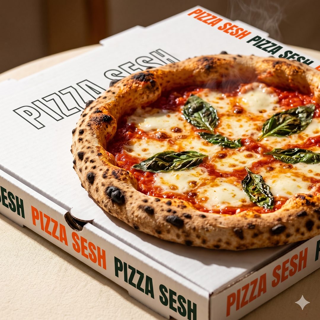 Stone-baked margherita with a leopard-spotted cornicione, resting on stacked Pizza Sesh boxes