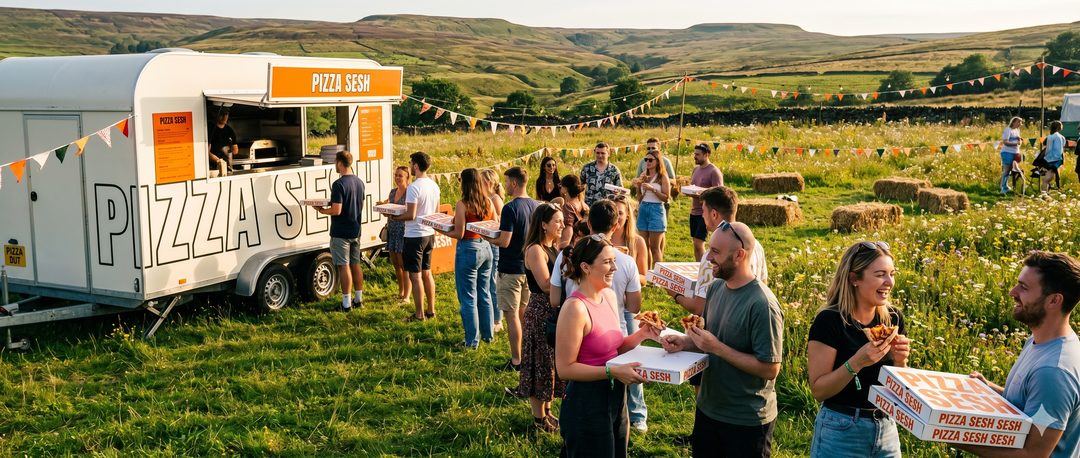 Crowd queuing at the Pizza Sesh trailer in a West Yorkshire field at golden hour