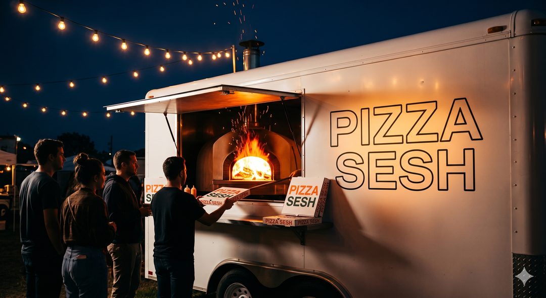 Pizza Sesh trailer lit up at night, fire glowing in the oven, string lights and a small queue