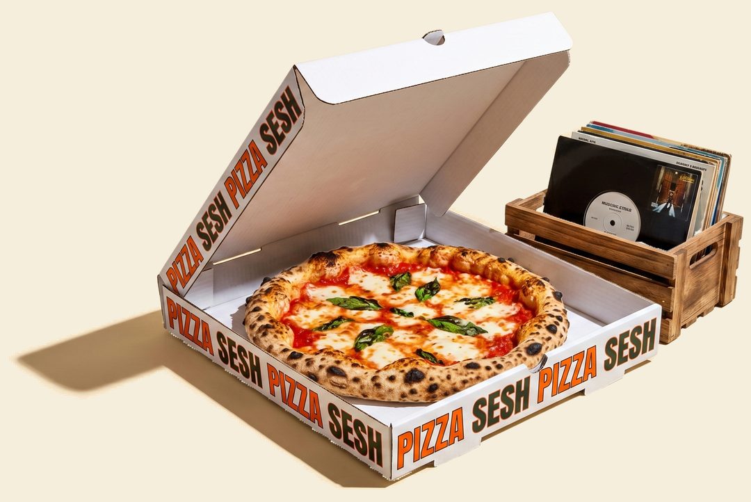 Pizza Sesh box with a Neapolitan margherita and a crate of vinyl